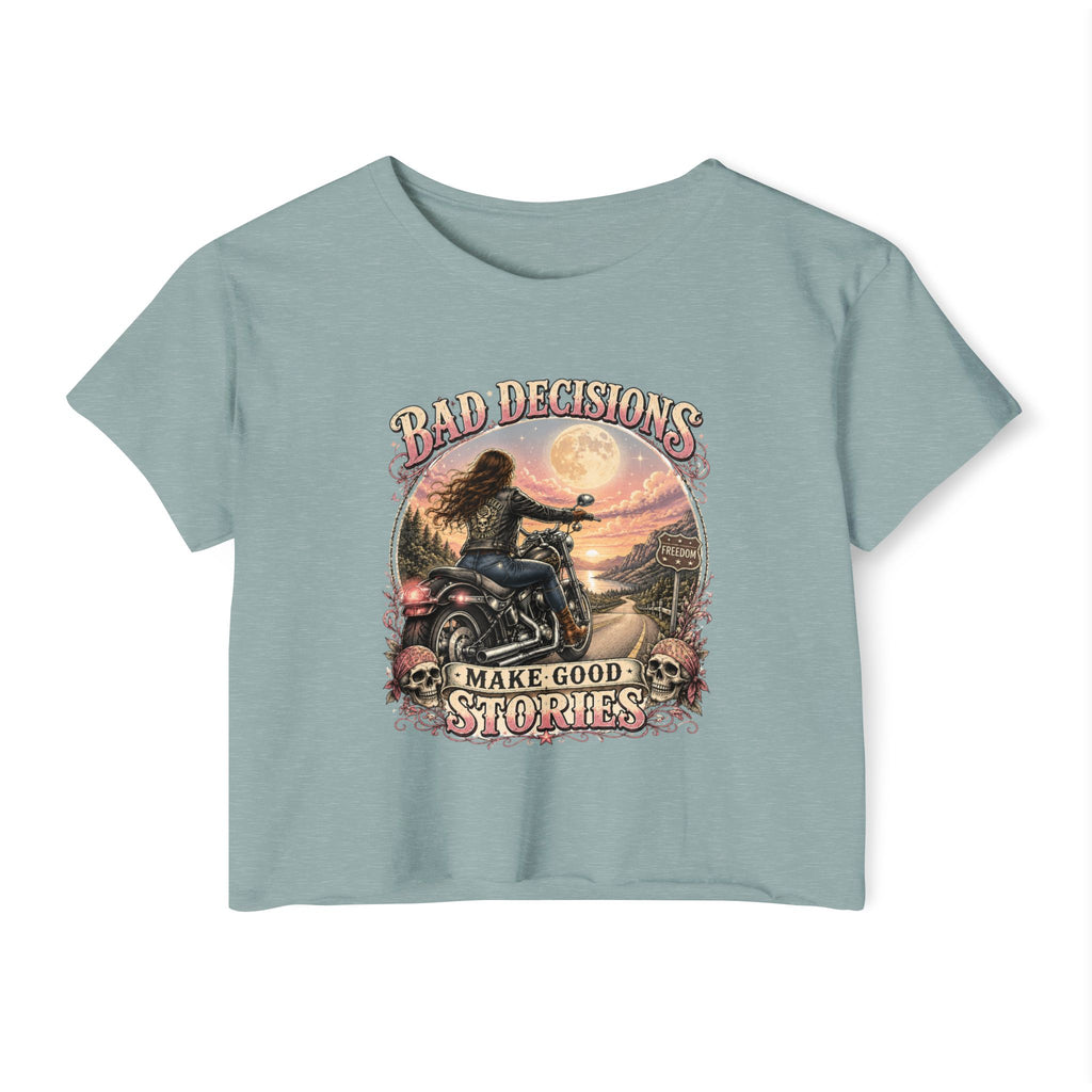 Women's Festival Crop Top — "Bad Decisions Make Good Stories" Motorcycle Graphic
