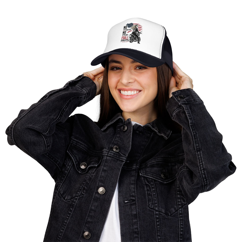 Motorcycle Trucker Hat — "No Explanations, No Apology, Full Throttle" Patriotic Biker Cap