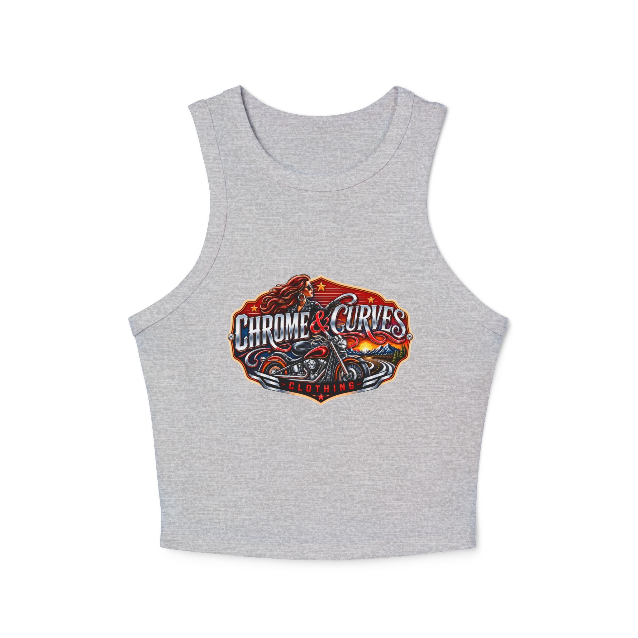 Chrome & Curves Racer Tank Top - Vintage Motorcycle Graphic Women's Crop
