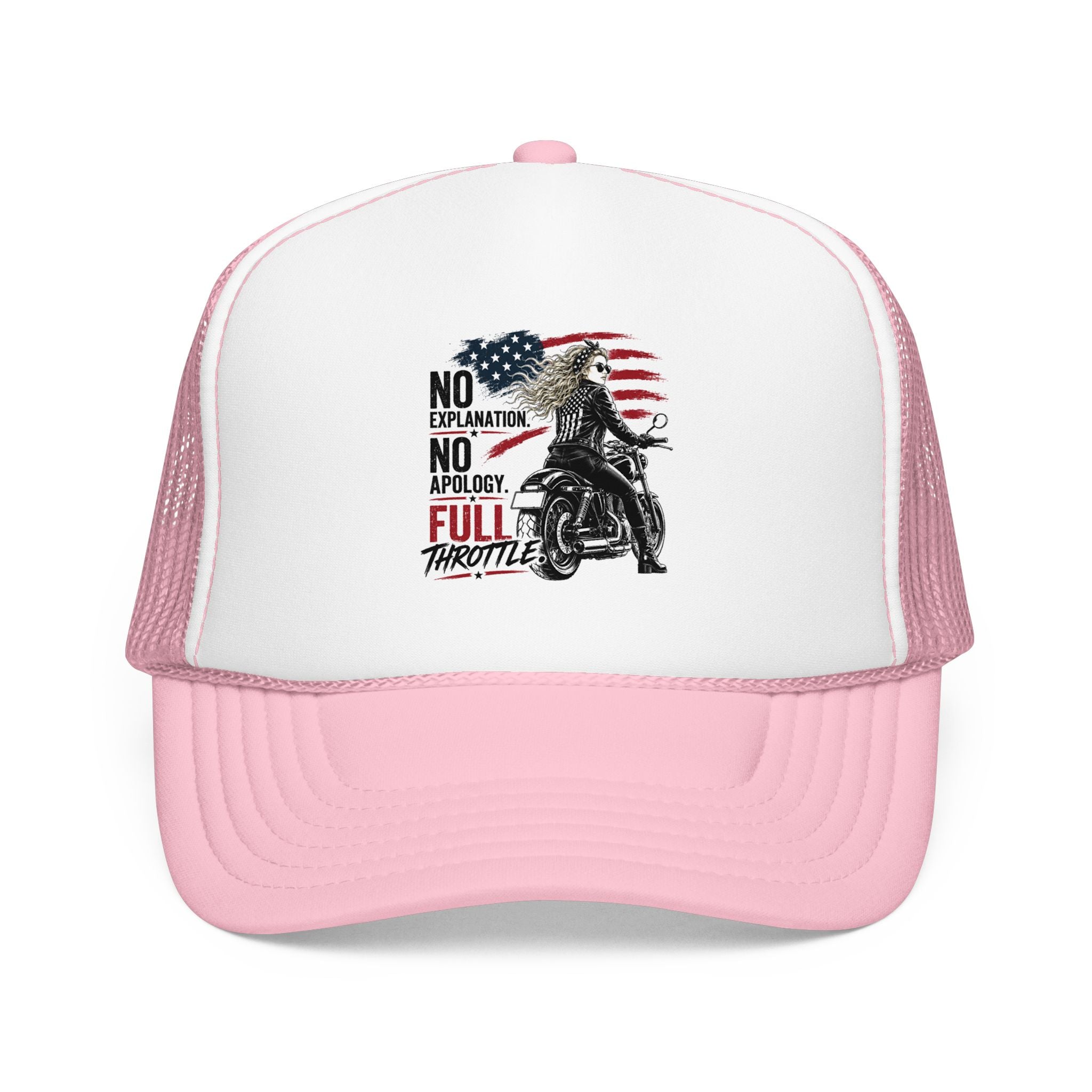 Motorcycle Trucker Hat — "No Explanations, No Apology, Full Throttle" Patriotic Biker Cap